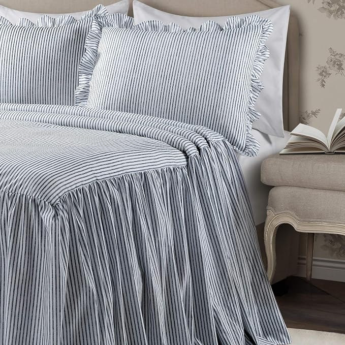 Lush Decor Ticking Stripe Bedspread King Size 3 Piece Set Navy - Image 2
