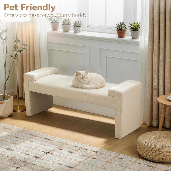 Upholstered Entryway Bench, Camel | Curved Armrests, Solid Wood Frame, End of - Image 4