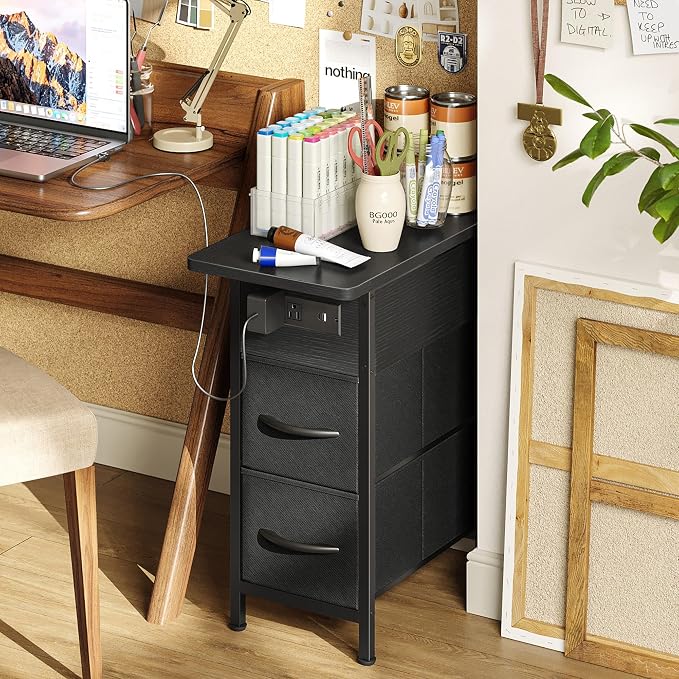 Huuger Narrow End Table with Charging Station, Side Table with 2 Drawers | Slim - Image 8