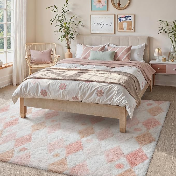 Pink 5x8 Area Rug for Living Room Soft Checkered Shag Carpet | Machine Washable - Image 3