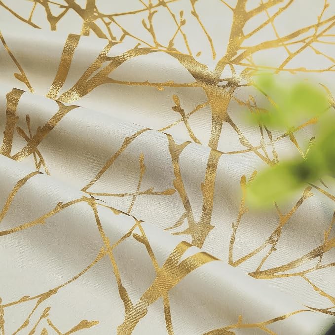 FMFUNCTEX 100% Blackout Ivory Gold Foil Tree Curtains 96 Inch Long 2 Panels | - Image 8
