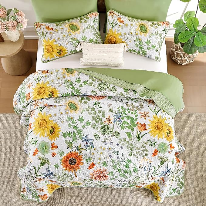 Yiran Floral Quilts Queen Size, Sunflower Botanical Bedspreads, Sage Green | - Image 4