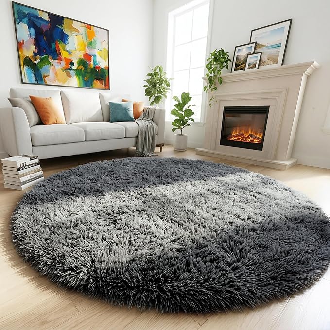 Amdrebio Grey Fuzzy Round Circle Rug 4Ft by Amdrebio
