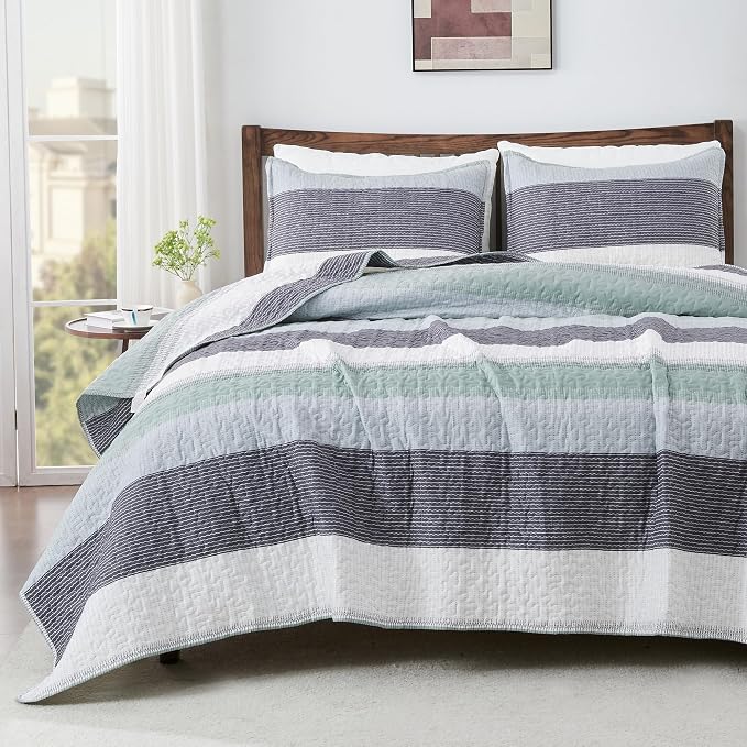 Queen Quilt Bedding Set Sage Green, 3 Pieces Striped Bedspreads | Patchwork by Andency