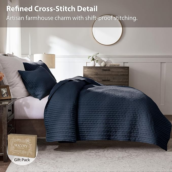 WDCOZY Navy Blue Cross Stitch Twin Size Quilt Set, Striped Lightweight Soft - Image 3