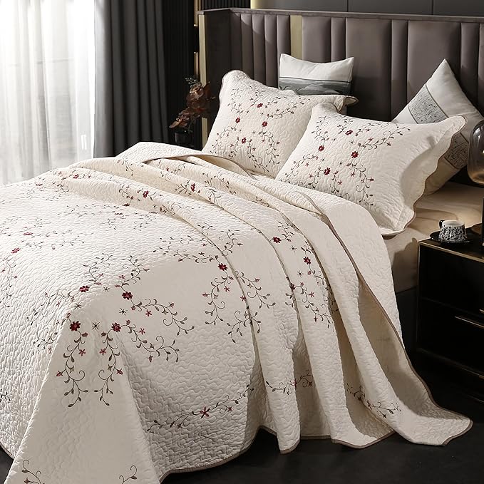 Quilt Set Full Floral Leaves 3D Embroidery Pattern 3-Piece Cotton Blend | - Image 2