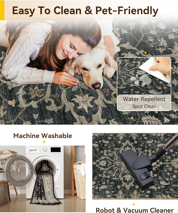 RELEANY Washable Area Rug, Small 2'x3', Water Repellent, Pet Friendly, Vintage - Image 5