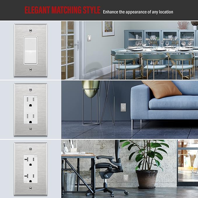 ENERLITES Decorator Switch or Outlet Metal Wall Plate, 430 Stainless Steel, Corrosion Resistant, Mid-Size 1-Gang 4.88" x 3.11", UL Listed, 7731M, Silver