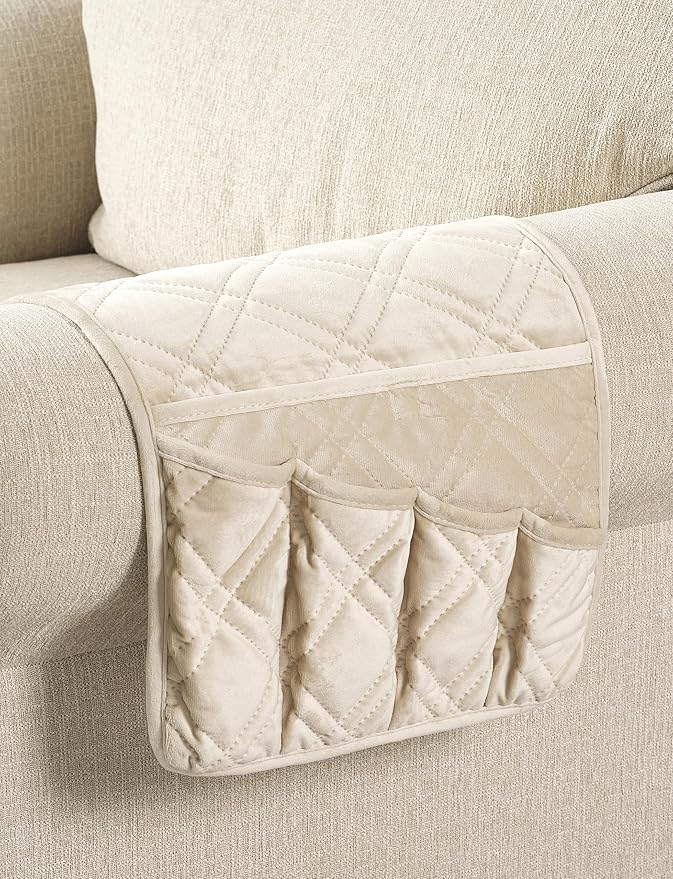 Brilliant Sunshine Beige Velvet Couch Armrest Cover, Armrest Organizer & Caddy - Image 5