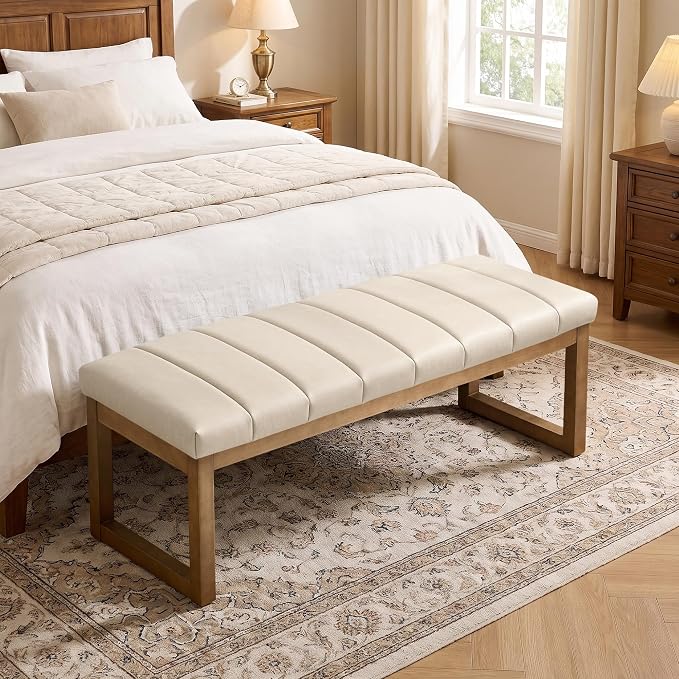 52.7" Bedroom Bench for End of Bed, Faux Leather Entryway Bench | Modern - Image 3