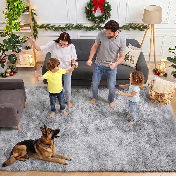 5x8 Area Rugs for Living Room Bedroom, Fluffy Tie-Dyed Light Grey Shag Rug - Image 5