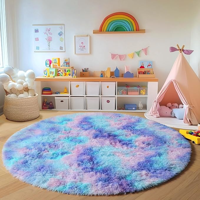 Rainbow Round Area Rug 4ft, Soft Bedroom Circle Throw Rugs - Image 3