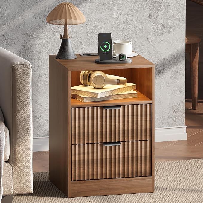 LED Nightstand with Charging Station, Fluted Nightstand Set of 2, Wood - Image 3