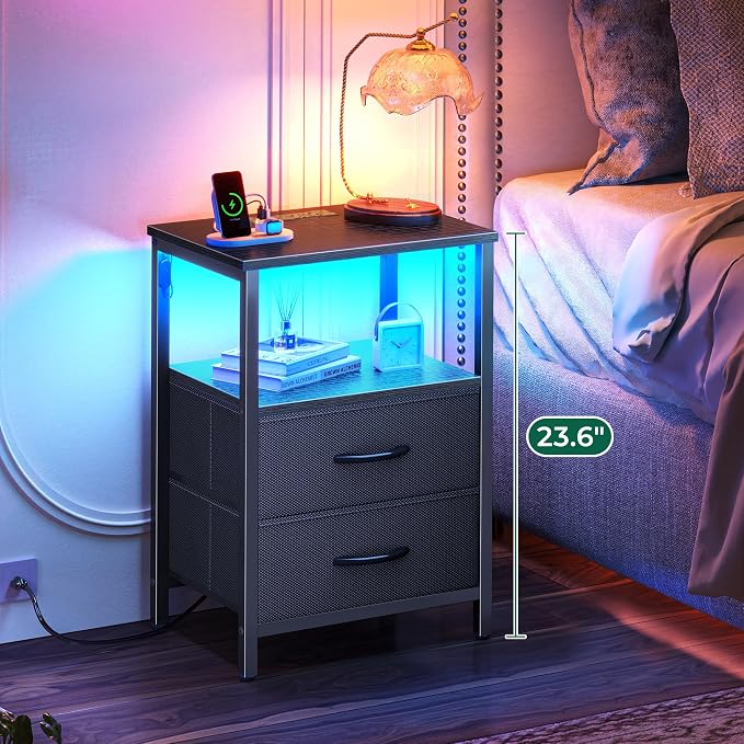 Huuger Night Stand with Charger Station and LED Lights, 2 Drawer Nightstand | - Image 4