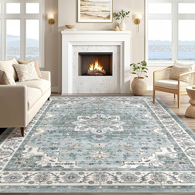 cotiled 9x12 Area Rug for Living Room, Traditional, Denim Blue | Soft - Image 5