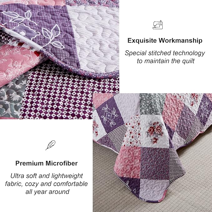 Dinjoy Boho Quilt Set California King, Patchwork Floral Bedspreads, Reversible - Image 4