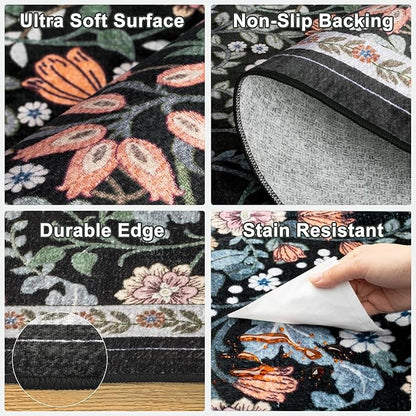 10x12 Area Rugs for Living Room: Floral Washable Rug Vintage Large Soft Boho Non-Slip Carpet Indoor Stain Resistant Low Pile Carpets for Bedroom Dining Room Farmhouse Nursery Home Office Dark Black