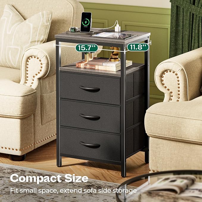 Huuger Night Stand with Charger Station and LED Lights, 3 Drawer Nightstand | - Image 8