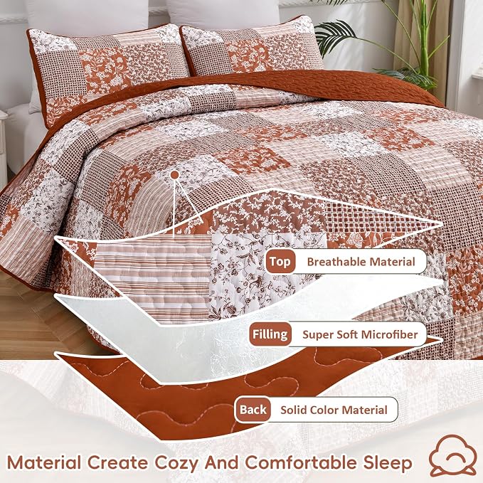 Mybedsoul Burnt Orange Quilt Set King Size, 3 Pieces Boho Plaid Terracotta - Image 3