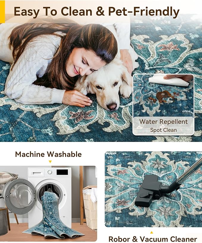 RELEANY Washable Area Rug, Square 7'x7', Teal | Non-Slip, Water Repellent - Image 3