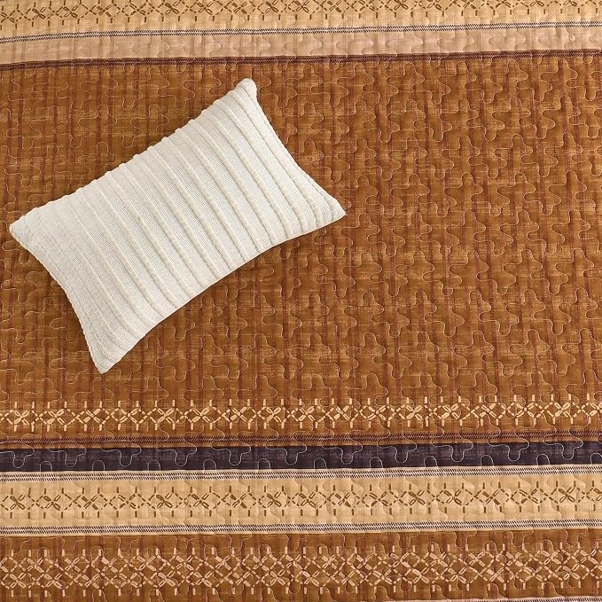 Cottolester Fall Quilt Set Queen, Burnt Orange Striped Patchwork Bedspread | - Image 6