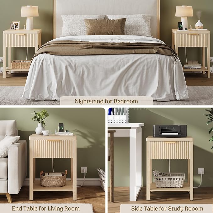 Night Stand Set 2, Fluted Wood Nightstands w/Charging Station - Image 8