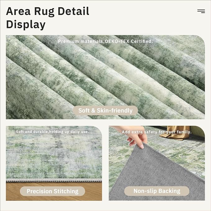 Soalmost Abstract Area Rug 6x9 for Living Room Washable Rugs Green/Ivory | - Image 6