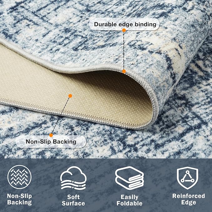 6x9 Washable Area Rug for Living Room Bedroom: Non-Slip Modern Blue Gold | - Image 4