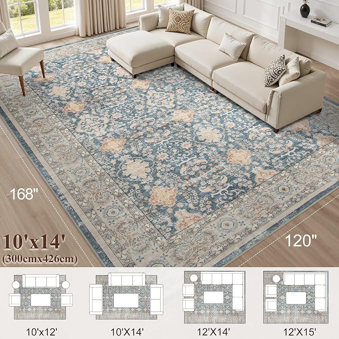 cotiled 10x14 Area Rug for Living Room, Traditional, Dark Blue | Soft - Image 9
