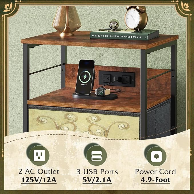 WLIVE Nightstand with Charging Station, 31.9" H Nightstand with 3 Fabric Drawers - Image 5