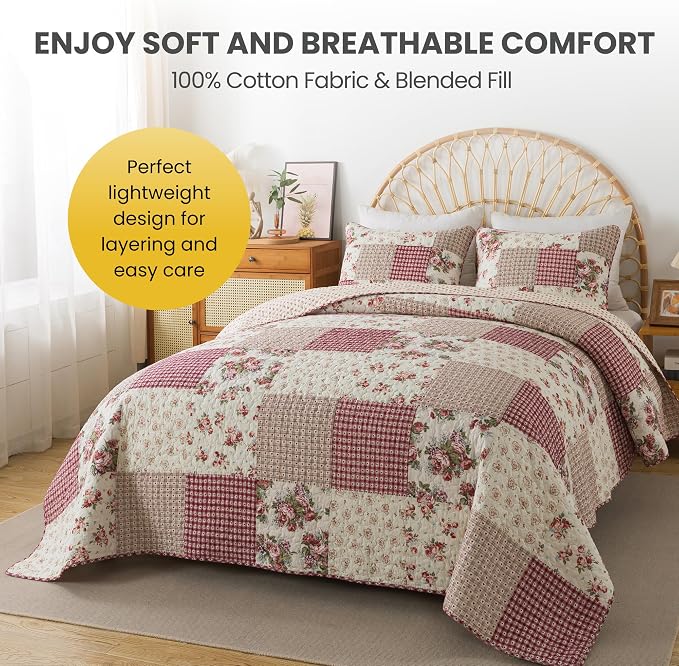 SLPR - Country Roses Red Floral Patchwork Quilt Set, Twin - Image 3