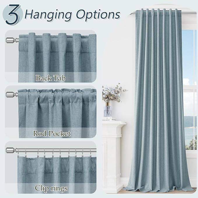 Blue 100% Blackout Linen Curtains 95 Inch Length 2 Panels Set - Image 6