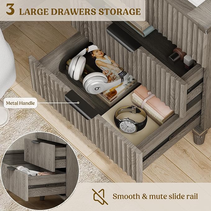Wood Nightstands Set of 2 w/Charging Station, 3 Drawers Fluted Dresser | Dark - Image 6