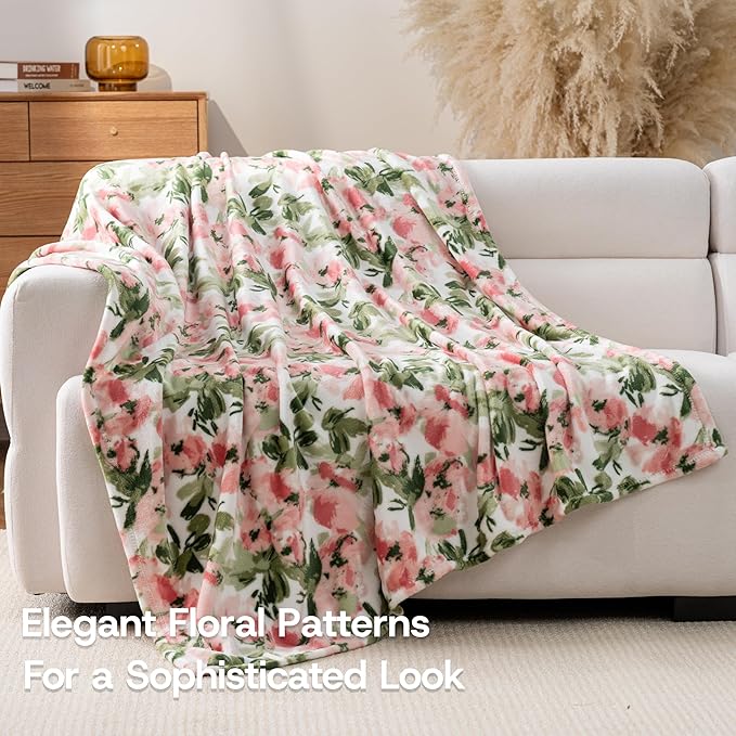 Luxury Printed Fleece Warm Throw Blanket, Soft Lightweight Velvety Plush Throw for Couch and Bed, Cozy Comfy for All Seasons(Ivory Pink Flowers, 50×70 Inches)