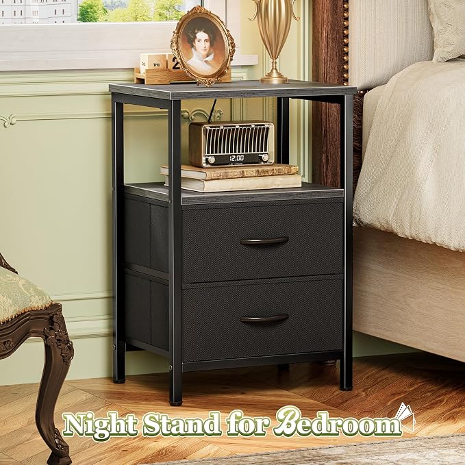 Huuger Night Stand with 2 Drawers, Bedside Table with Open Shelf | Wooden Top - Image 4