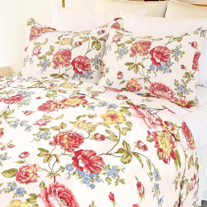 Cmfshape Summer Floral King Quilted Bedspread, Romantic Pink Quilt Set - Image 2