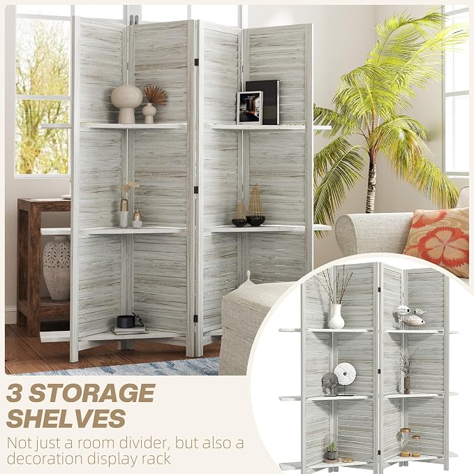 HOMCOM Room Divider with Shelves, 4 Panel, Distressed White | Wood Privacy - Image 3
