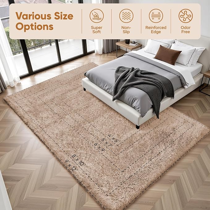 PLHXFR 6x9 Area Rugs Living Room: Fluffy Bedroom Rug Shag Carpet Camel | - Image 9