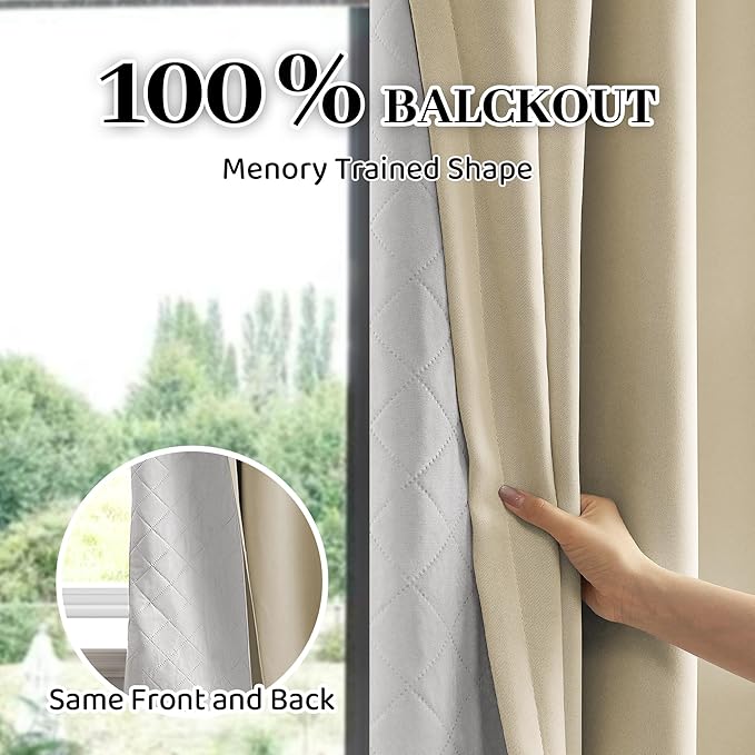 3-in-1 100% Blackout Curtains 90 Inches Long, Thermal Insulation, Soundproof Back Tab Drapes for Bedroom Living Room Sliding Glass Door, with Pin Hooks, Beige 50x90Inch 1 Panel