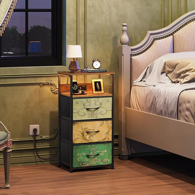 WLIVE Nightstand with Charging Station, 31.9" H Nightstand with 3 Fabric Drawers - Image 2