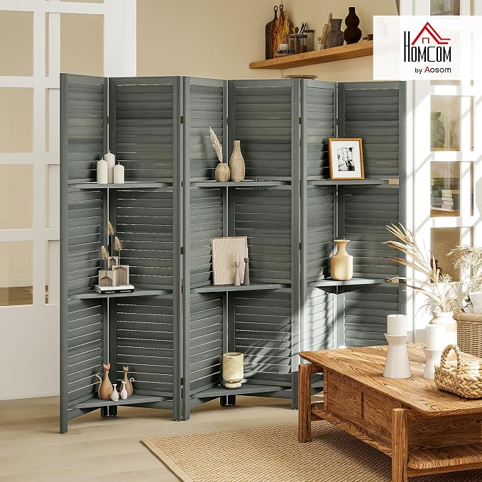 HOMCOM Room Divider with Shelves, 6 Panel, 3 Display Shelves, Folding Storage - Image 2