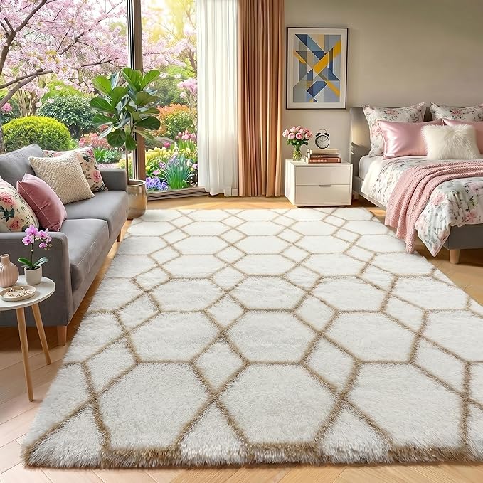 Area Rugs for Bedroom Living Room, Fluffy 4x6 White and Beige Throw Rug by ONASAR
