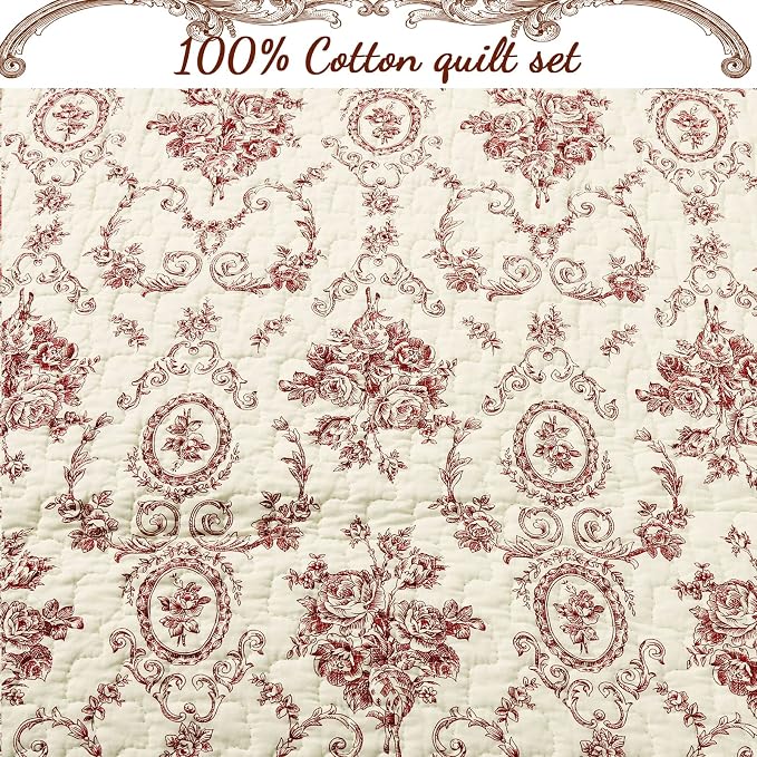 Cozy Line Home Fashions French Medallion Beige Burgundy Red Rose Flower Pattern - Image 5