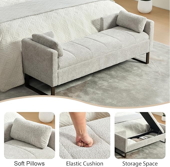 Chifee & Vingol 64" W Storage Benches End of Bed Bench, Light Gray - Image 3