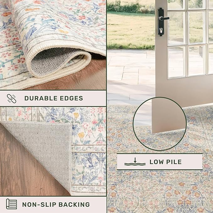 8x10 Washable Rug for Living Room - Stain Resistant Dining Room Rugs for Under Table, Soft Low Pile Large Carpet for Bedroom - Vintage Floral Non-Slip (8x10 Beige Blue)