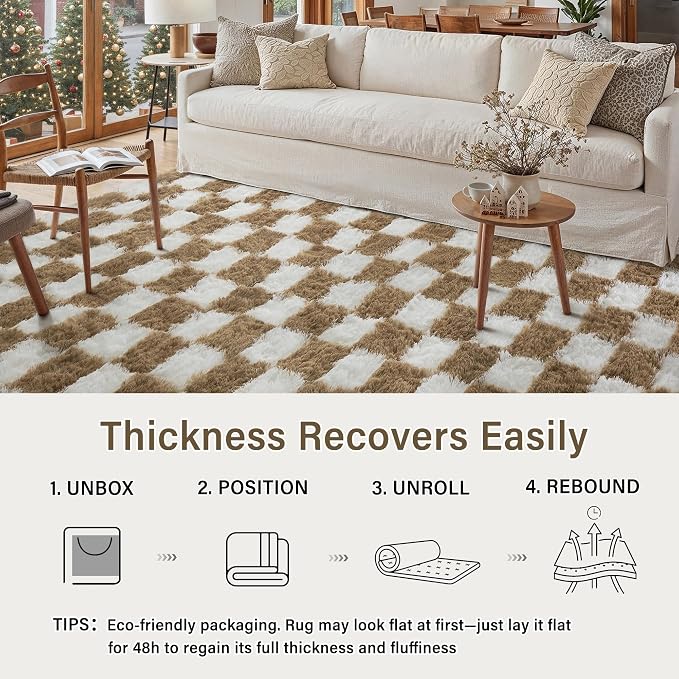 Brown Area Rug 4x6 for Kids Room Soft Checkered Shag Carpet | Machine Washable - Image 4