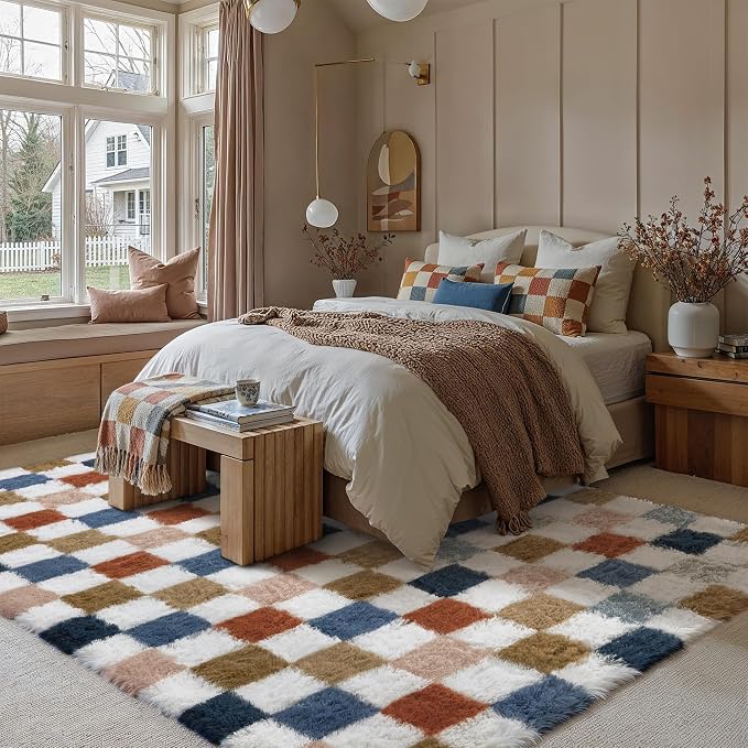 Checkered Area Rug 6x9 for Living Room Soft Fluffy Shag Carpet | Machine - Image 5