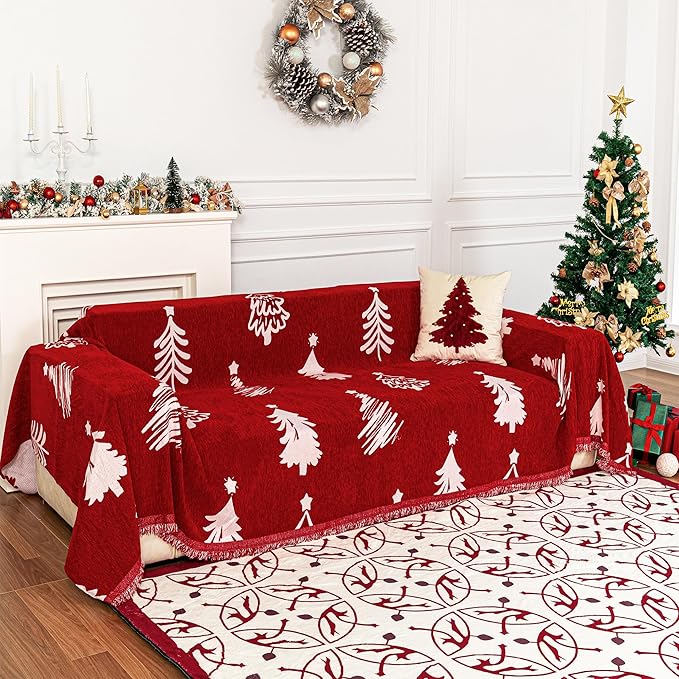 MYSKY HOME 71"X118" Loveseat Christmas Couch Cover, Sectional Sofa Covers Sofa Slipcover for 2 Cushion Couch, L Shape Couch Covers for Dogs, Kids, Washable Sofa Blanket, Furniture Protector, Red