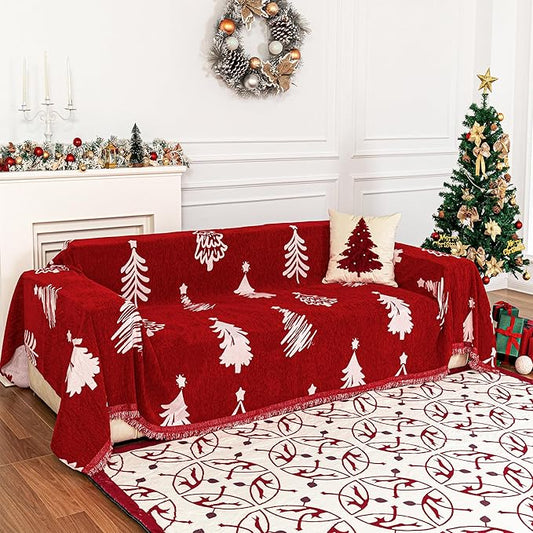 MYSKY HOME 71"X118" Loveseat Christmas Couch Cover, Sectional Sofa Covers Sofa Slipcover for 2 Cushion Couch, L Shape Couch Covers for Dogs, Kids, Washable Sofa Blanket, Furniture Protector, Red