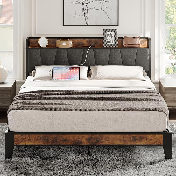 LIKIMIO Full Bed Frame, Storage Headboard with Charging Station, Solid and Stable, Noise Free, No Box Spring Needed, Easy Assembly